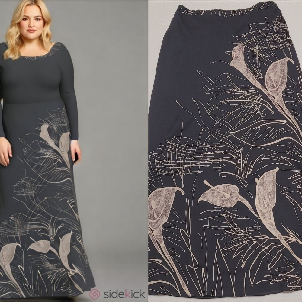 80s Vintage Plus Size Black Cream Calla Lily High Waisted Flare Hem Maxi Skirt